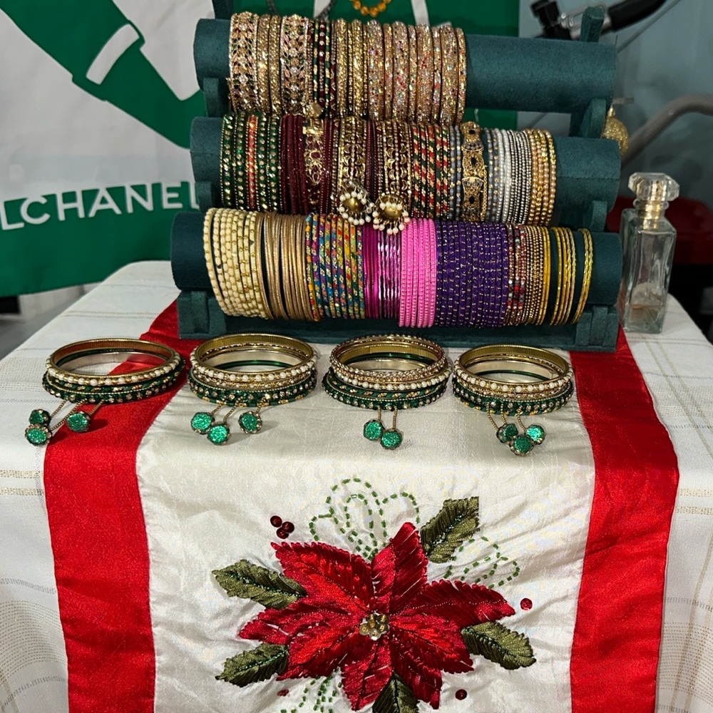 4 Sets - Collection of Elegant Gold and Green Bracelets